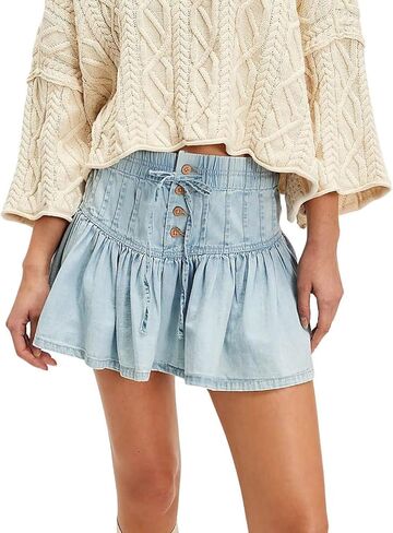 utcoco Women's Y2k Trendy Stretch High Waisted Jean Skirt Casual Button-Fly A Line Ruffle Pleated Denim Mini Skirt in Saudi Arabia