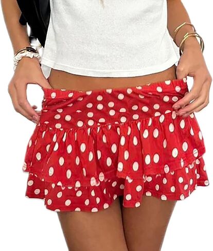 Mxiqqpltky Polka Dot Mini Skirt for Women Low Rise Tiered Layered Ruffle Y2K Pleated Skirt Flowy A Line Short Skirts in Kuwait