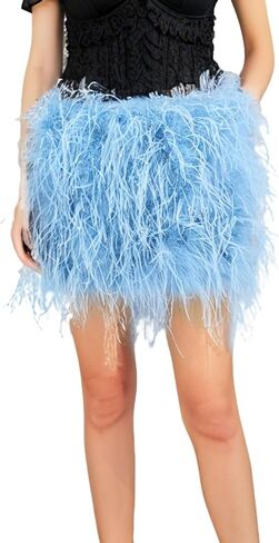 LVCOMEFF Women Ostrich Feather Mini Skirt Hot Elastic Waist Furry Booty Party Club Luxury in Saudi Arabia
