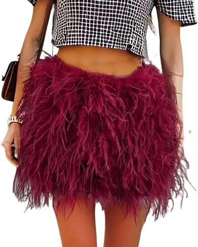 LVCOMEFF Women Ostrich Feather Mini Skirt Hot Elastic Waist Furry Booty Party Club Luxury in Saudi Arabia