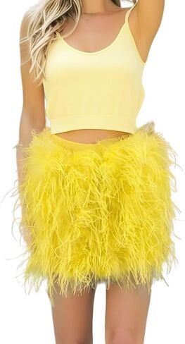 LVCOMEFF Women Ostrich Feather Mini Skirt Hot Elastic Waist Furry Booty Party Club Luxury in Saudi Arabia