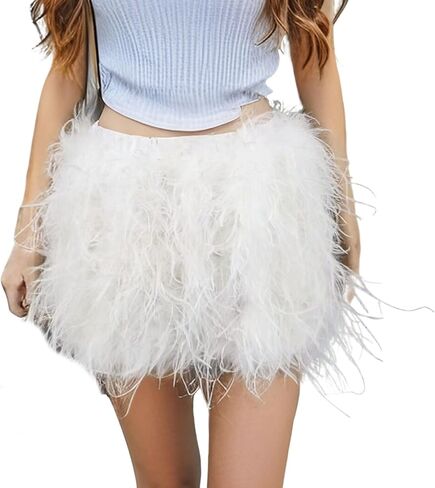 LVCOMEFF Women Ostrich Feather Mini Skirt Hot Elastic Waist Furry Booty Party Club Luxury in Saudi Arabia