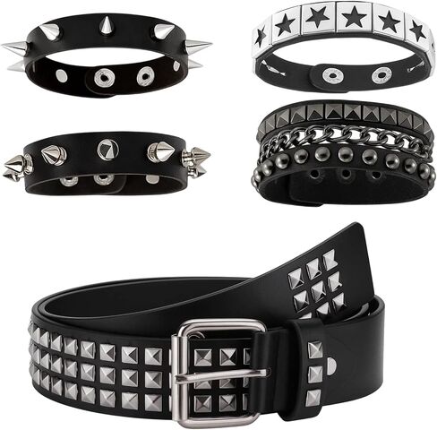 1 حزام مرصع مع 4 أساور متطابقة، مجموعة أحزمة وأساور مرصعة، إكسسوارات موسيقى الروك البانك، أحزمة جلدية بديلة للنساء والرجال in Kuwait