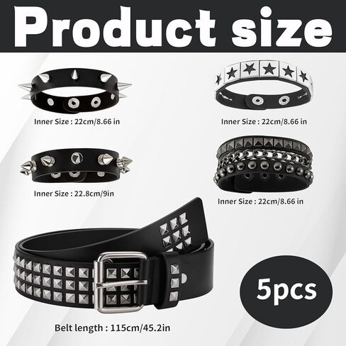 1 حزام مرصع مع 4 أساور متطابقة، مجموعة أحزمة وأساور مرصعة، إكسسوارات موسيقى الروك البانك، أحزمة جلدية بديلة للنساء والرجال in Kuwait