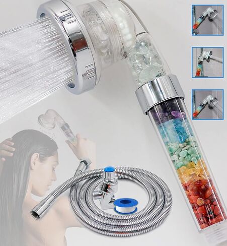Chakra Crystal Shower Head. Natural Gemstones. Healing Crystals. Water Purification. Mineral. Ph Balance. Healing Energy. 7 Stones. Water Filtering. Bathroom (Shower Head+Hose+Bracket) in Saudi Arabia
