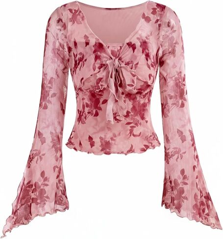 OYOANGLE Girl's Floral Bell Long Sleeve Knot Front Mesh Tshirts Lettuce Trim Slim Fitted Fall Tops Blouse in Saudi Arabia