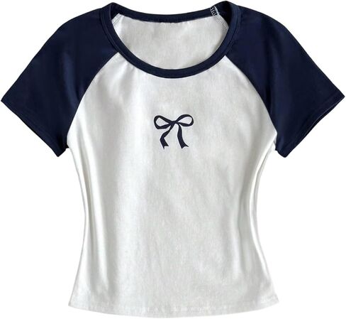 OYOANGLE Girl's Bow Graphic Color Block Short Sleeve Tshirts Cute Crew Neck Fitted Summer Crop Tops for Teens in Saudi Arabia