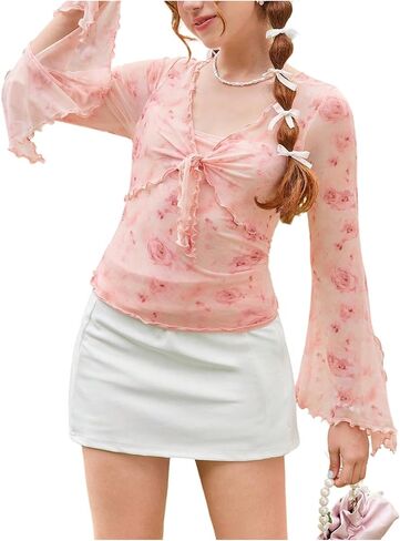 Girl's Floral Sheer Mesh T Shirts Split Bell Sleeve Tie V Neck Fitted Tee Tops in Saudi Arabia