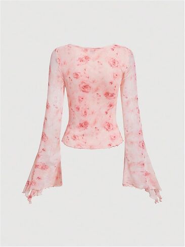 Girl's Floral Sheer Mesh T Shirts Split Bell Sleeve Tie V Neck Fitted Tee Tops in Saudi Arabia