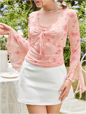Girl's Floral Sheer Mesh T Shirts Split Bell Sleeve Tie V Neck Fitted Tee Tops in Saudi Arabia