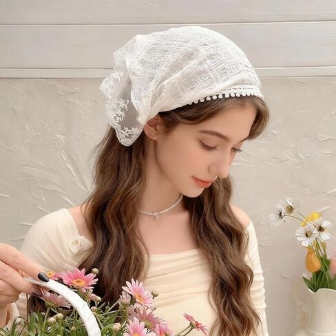 Hair White Bandanas, Chic Lace Triangle Head Scarf for Women Girls Hair, Vintage Stylish Kerchief Bandana Headband in Saudi Arabia