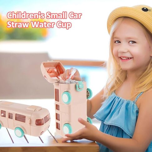 Bus Straw Water Bottle With Strap, 17oz Portable Cute Car Water Bottles with Movable Wheels, Leakproof BPA free Drinking Jug for Camping Trips Girls School Sports (Yellow) in Saudi Arabia