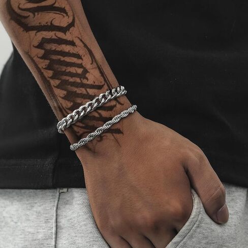 2PCS Silver Men Bracelet as Gifts for Him, Boys Bracelet as Mens Accessories Silver Bracelet for Men Dad Friend Son Lover, 8-9inch Stainless Steel Rakhi for Brother as Men Jewelry in Saudi Arabia