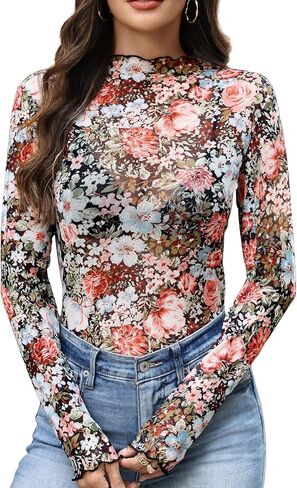 Womens Mesh Tops Lace Long Sleeve Shirts Mock Neck Slim Fitted Top See Through Tee Shirts Party Club Night Lace Blouse in Saudi Arabia