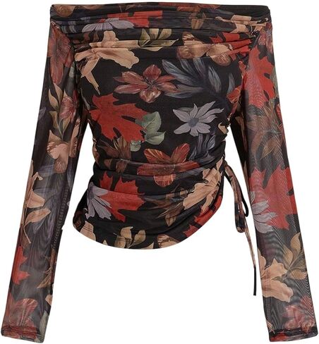 SHENHE Women's Plus Size Off Shoulder Floral Long Sleeve Top Ruched Mesh Vacation Shirts in Saudi Arabia