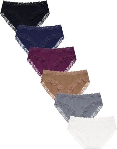 Women's Cotton Bikini Panties with Lace Trim - 6-Pack Assorted Colors in Saudi Arabia