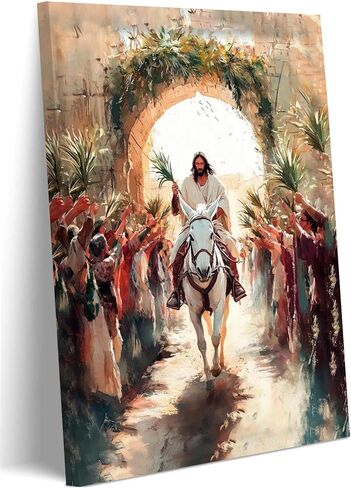 لوحة فنية جدارية من Ovczax Palm Sunday - دخول يسوع المنتصر إلى القدس ديكور قماشي مسيحي | لوحة دينية لأسبوع عيد الفصح للمنزل والكنيسة وغرفة المعيشة معلقة على الحائط على أساس الإيمان مقاس 40.64 سم × 30.48 سم in Saudi Arabia