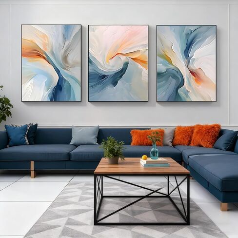 VARUFLY Large Modern Abstract Wall Art Set of 3, Blue and Orange Swirl Extra Big Canvas Prints for Living Room, Framed Ready to Hang for Office, Bedroom Wall Decor 24“X 32" in Saudi Arabia