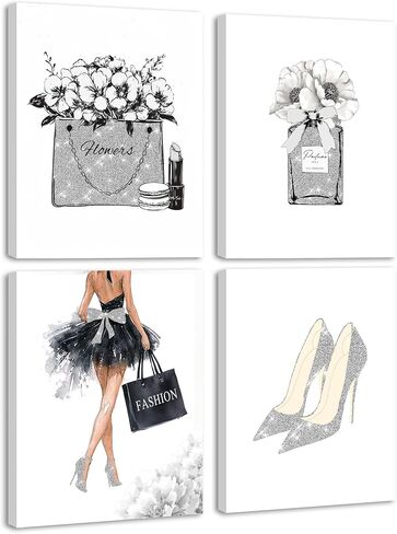 Drsoum Glam Fashion Makeup Room ديكور مؤطر وردي الجمال جرلي أنيق الحمام جدار الفن العطور حقائب اليد عالية الكعب صور غرفة النوم ديكورات النوم جاهزة للتعليق 8x10inx4pcs (مؤطرة) in Kuwait