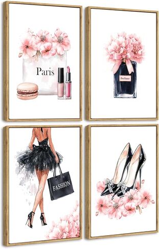 Drsoum Glam Fashion Makeup Room ديكور مؤطر وردي الجمال جرلي أنيق الحمام جدار الفن العطور حقائب اليد عالية الكعب صور غرفة النوم ديكورات النوم جاهزة للتعليق 8x10inx4pcs (مؤطرة) in Kuwait