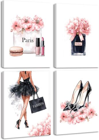 Drsoum Glam Fashion Makeup Room ديكور مؤطر وردي الجمال جرلي أنيق الحمام جدار الفن العطور حقائب اليد عالية الكعب صور غرفة النوم ديكورات النوم جاهزة للتعليق 8x10inx4pcs (مؤطرة) in Kuwait