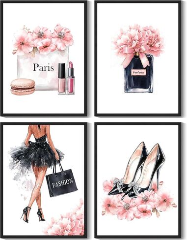 Drsoum Glam Fashion Makeup Room ديكور مؤطر وردي الجمال جرلي أنيق الحمام جدار الفن العطور حقائب اليد عالية الكعب صور غرفة النوم ديكورات النوم جاهزة للتعليق 8x10inx4pcs (مؤطرة) in Kuwait