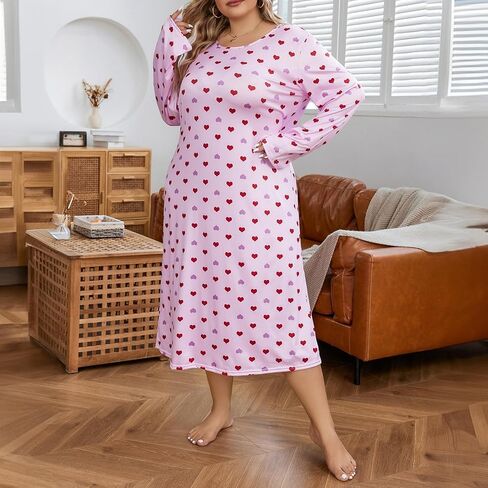 Plus-Size Long Sleeve Sleep Dress with Heart Print Relaxed Fit Cozy Nightgown for Comfortable Loungewear in Saudi Arabia