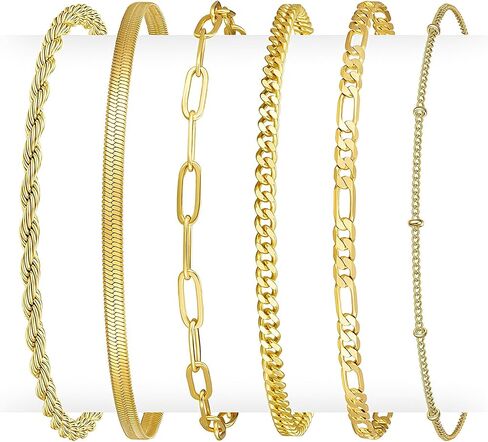 Gold Bracelets for Women Non Tarnish, 18K Gold Plated Stainless Steel Bracelets Set, Layered Cuban, Rope, Figaro, Herringbone, Satellite, Paperclip Chains, Dainty Jewelry Gifts, 6.5"+2" Extender in Saudi Arabia
