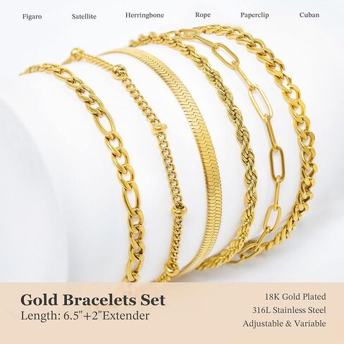 Gold Bracelets for Women Non Tarnish, 18K Gold Plated Stainless Steel Bracelets Set, Layered Cuban, Rope, Figaro, Herringbone, Satellite, Paperclip Chains, Dainty Jewelry Gifts, 6.5"+2" Extender in Saudi Arabia