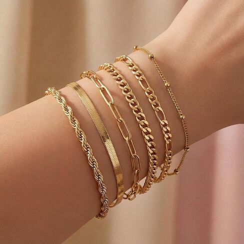 Gold Bracelets for Women Non Tarnish, 18K Gold Plated Stainless Steel Bracelets Set, Layered Cuban, Rope, Figaro, Herringbone, Satellite, Paperclip Chains, Dainty Jewelry Gifts, 6.5"+2" Extender in Saudi Arabia