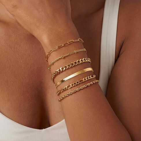 Gold Bracelets for Women Non Tarnish, 18K Gold Plated Stainless Steel Bracelets Set, Layered Cuban, Rope, Figaro, Herringbone, Satellite, Paperclip Chains, Dainty Jewelry Gifts, 6.5"+2" Extender in Saudi Arabia