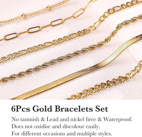 Gold Bracelets for Women Non Tarnish, 18K Gold Plated Stainless Steel Bracelets Set, Layered Cuban, Rope, Figaro, Herringbone, Satellite, Paperclip Chains, Dainty Jewelry Gifts, 6.5"+2" Extender in Saudi Arabia