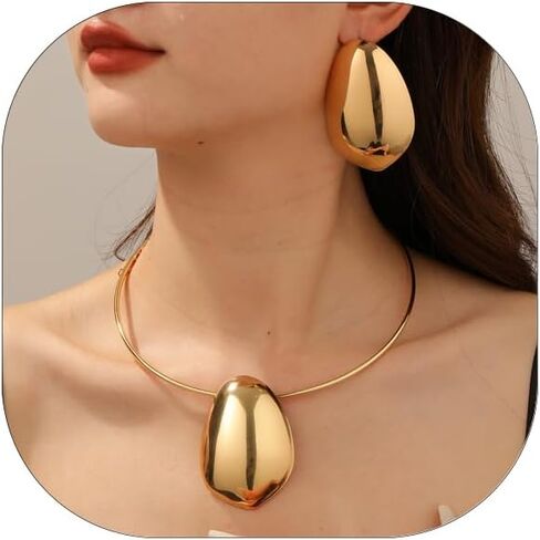 Gold Statement Necklace and Earring Set for Women Geometric Asymmetrical Hammered Extra Long Pendant Necklace Jewelry Set in Saudi Arabia