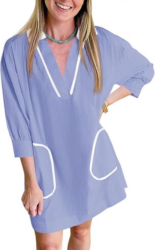 Womens V Neck Swimsuit Coverup 3/4 Sleeve Collar Color Block Oversized Cover ups Mini Beach Dress in Saudi Arabia