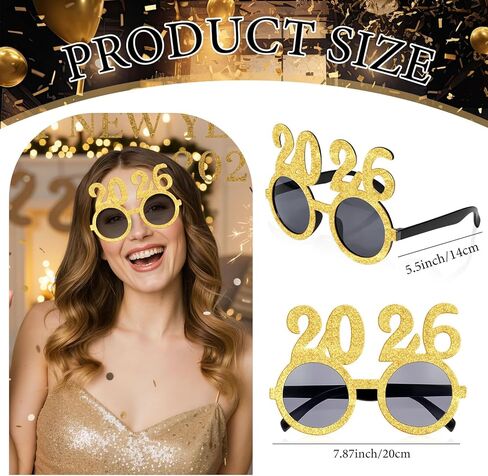 2026 Happy New Year Eyeglasses Glitter Number Eyeglasses Plastic Graduation Glasses Fancy Number Decorative Glasses for 2026 Party New Year Eve Costume Photo Prop Supplies(Glitter Gold) in Saudi Arabia