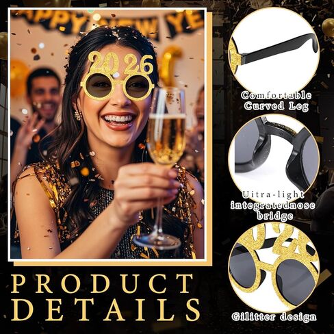 2026 Happy New Year Eyeglasses Glitter Number Eyeglasses Plastic Graduation Glasses Fancy Number Decorative Glasses for 2026 Party New Year Eve Costume Photo Prop Supplies(Glitter Gold) in Saudi Arabia
