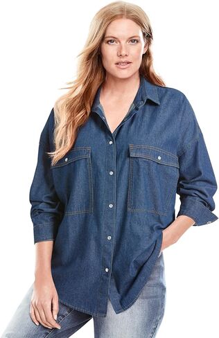 Woman Within Plus Size Snap Front 4-Pocket Denim Big Shirt in Saudi Arabia
