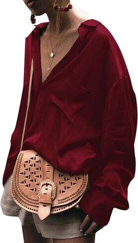 LYANER Women's Satin Silky Long Sleeve Collar V Neck Button Down Loose Fit Blouse Shirt Top in Saudi Arabia