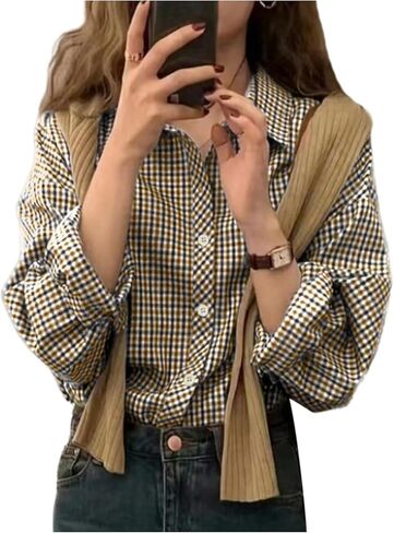 SweatyRocks Women's Plaid Button Down Shirts for Women Long Sleeve Collared Dressy Blouses in Saudi Arabia