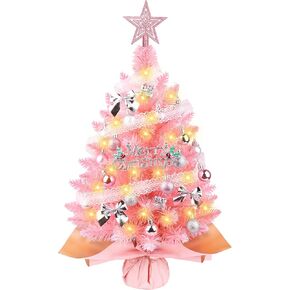 Small Pink Christmas Tree with Lights, 2ft Artificial Mini Tabletop Christmas Tree Decorations with Star Tree Topper, Balls Ornaments, Gift Pack, 30 Pcs Mini DIY Xmas Trees for Toddler, Kids in Kuwait