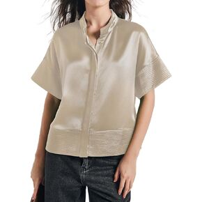 D-Sun Women's Casual Button Down Shirts Oversized Short Sleeve Stand Collar Tops Trendy Work Blouses in Saudi Arabia