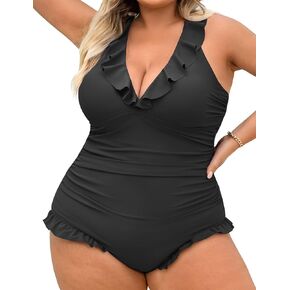 One Piece Swimsuit Women Plus Size Deep V Ruffle Neck Bathing Suit Cross Straps Tummy Control Modest Swimwear XL in Saudi Arabia