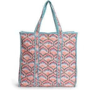 Block Print Tote Bag – Handcrafted Boho Quilted Cotton Shoulder Bag with Pockets for Work, Travel & Daily Use in Saudi Arabia
