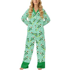 Women Silk Satin Christmas Pajamas Set Santa Bow Long Sleeve Button Down Shirt Wide Leg Pants Cute 2 Piece Set in Kuwait