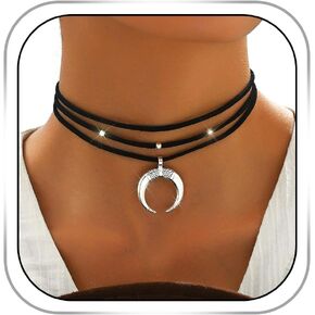 Boho Choker Necklace for Women Moon Pendant Necklace Black Layered Necklace Western Neck Jewelry in Saudi Arabia
