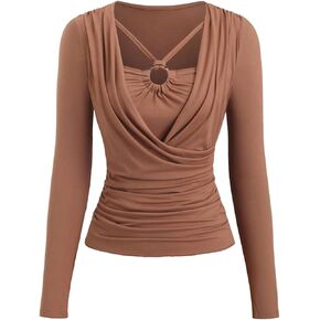 SweatyRocks Women's Ruched Wrap Draped Fitted T Shirts Long Sleeve Going Out Fitted Tops in Saudi Arabia