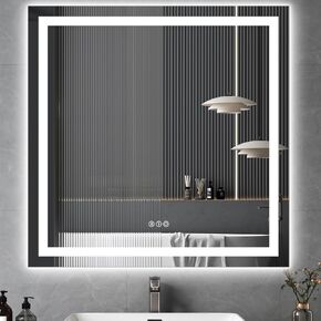 مرآة حمام LED مع أضواء، مرآة LED بإضاءة أمامية وخلفية مقاس 36 × 36 بوصة للحمام، 3 ألوان قابلة للتعتيم، إزالة الضباب، وظيفة الذاكرة، مقاومة للكسر، زجاج مقسى، أفقي/عمودي، مدرج في قائمة UL in Kuwait