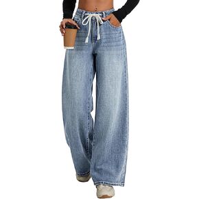 ELLEVEN Women’s Low Rise Baggy Jeans, Casual Drawstring Wide Leg Denim Pants with Pockets in Saudi Arabia
