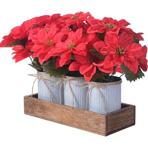 Poinsettia Flowers Artificial Christmas Decorations – 3 Pack Red Poinsettias in Galvanized Metal Pots with Wooden Box, Christmas Centerpiece Table Decorations for Home, Gifts & Office Party in Kuwait