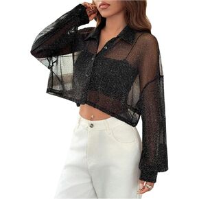 SHENHE Women's Sexy Sheer Mesh Button Down Shirt Long Sleeve Sparkly Crop Top Shirt Blouse in Saudi Arabia